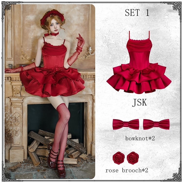 Basken-Spaghetti-Kleid mit Ausschnitt und durchgehendem Stäbchen, Pullover, Taille, Kapuze, roter Rock, Lolita-Set, elegant