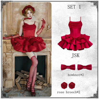 Basque Spaghetti Dress Neckline Full Boned Jumper Waist Cowl Red Skirt Lolita Set Elegant