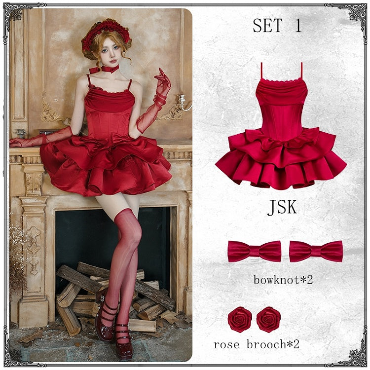 Elegant Lolita Jumper Skirt Full Set with Boned Basque Waist and Cowl Neckline in Red - With PUJI