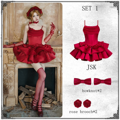 Full Lolita Jumper Skirt Set with Boned Basque Waist & Cowl Neckline, Red - With PUJI