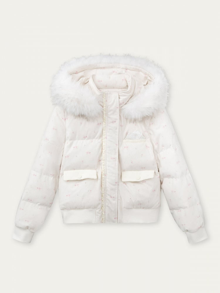 Winter Hood Jacket Trim Floral with Printed White Plush