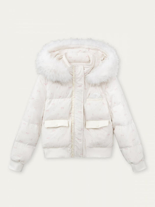 Winter Hood Jacket Trim Floral with Printed White Plush