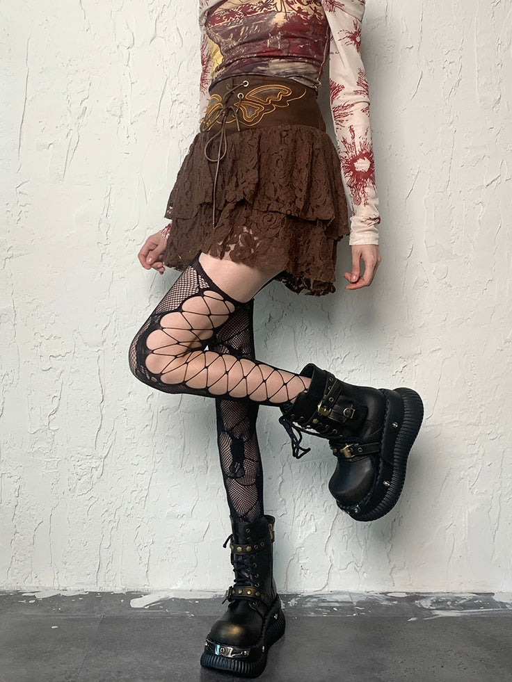 Design Strapsstrümpfe Details Schwarz/Weiß/Rosa/Rot/Grau Cut-out Netz