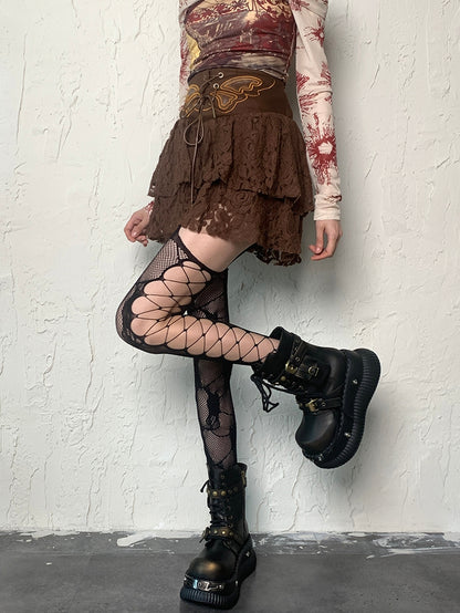 Design Strapsstrümpfe Details Schwarz/Weiß/Rosa/Rot/Grau Cut-out Netz