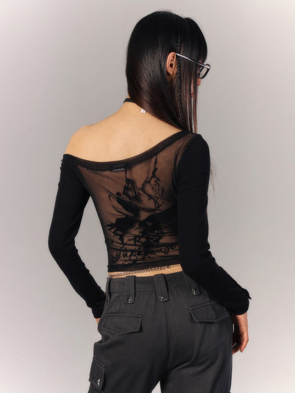 Haut floral asymétrique transparent à clous noirs, épaules dénudées style punk
