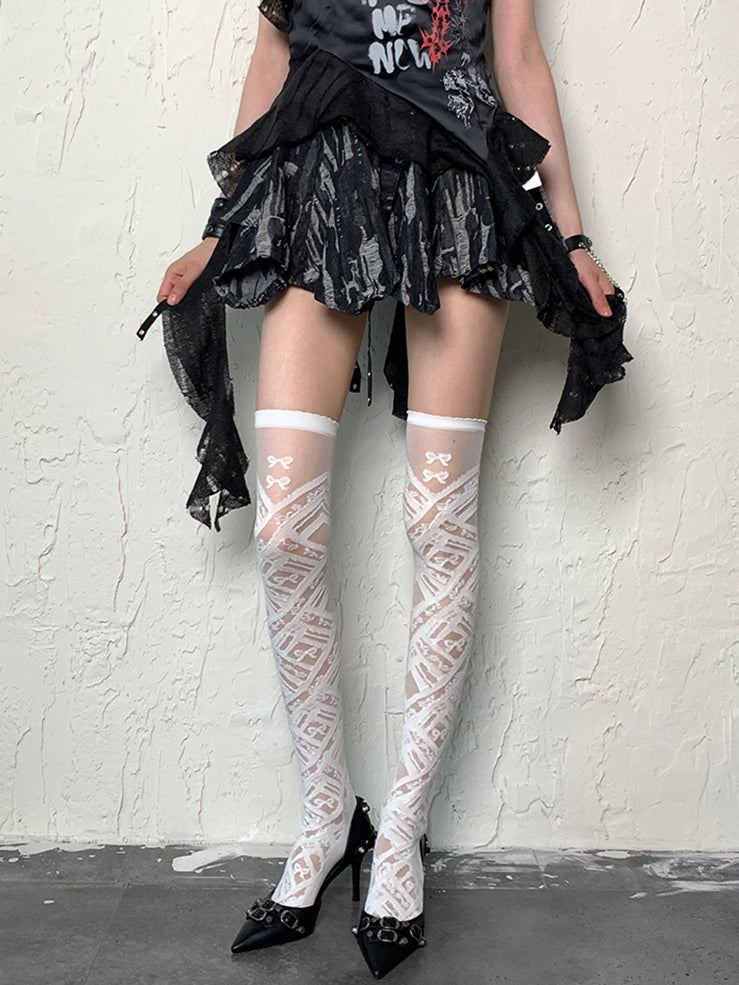 White Details Stockings Overknee Y2K Bowknot