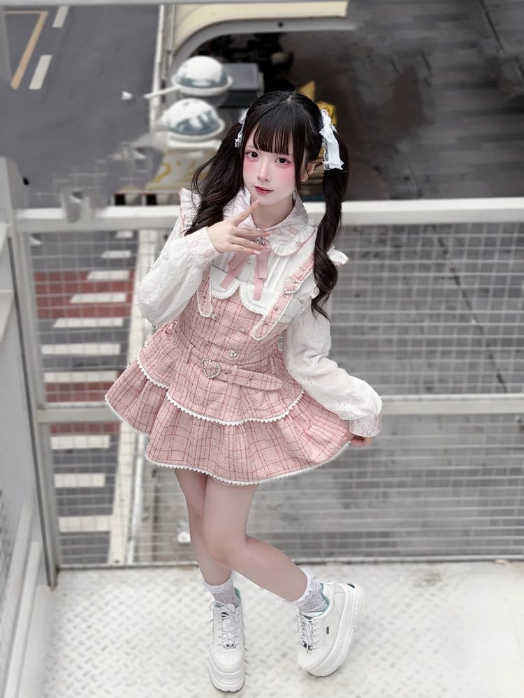 Jacquard with in Jirai Kei Flutter Sleeve Blouse Regular/Fleece-Lined Lace Version Pink White