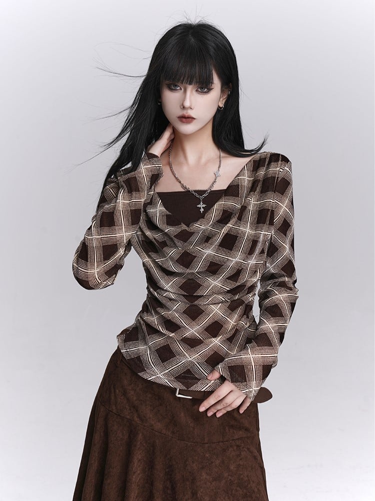 Plaid Cowl Two-Piece Neck Faux Coffee for with Top Autumn Early