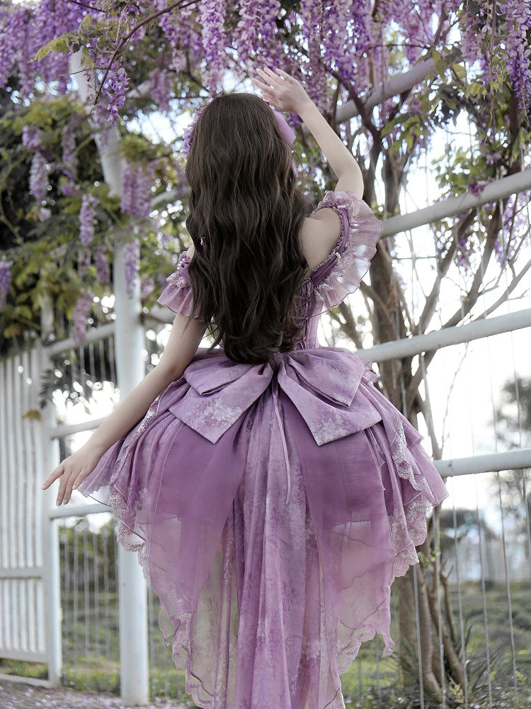 Fairy Lolita Taillenschleppe Balletcore Kleid Großes Korsett Glyzinien Tüllschleife mit Print Lila