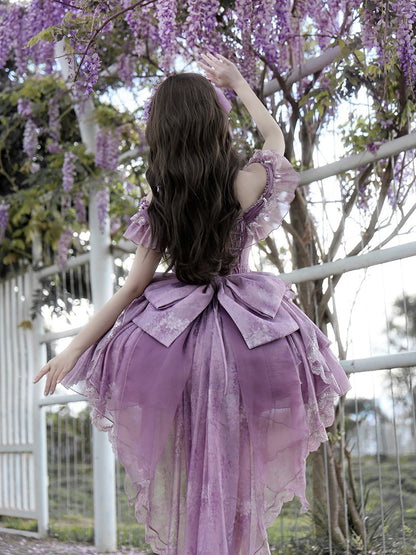 Fairy Lolita Taillenschleppe Balletcore Kleid Großes Korsett Glyzinien Tüllschleife mit Print Lila