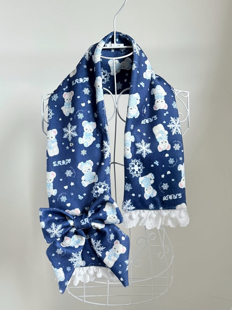 White / Black / Blue Bear and Snowflake Pattern Scarf