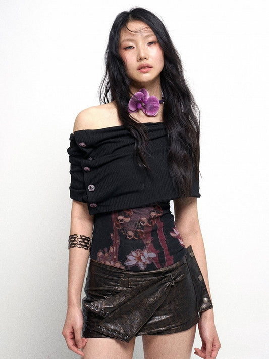 Neckline Design Asymmetric with Stacked Black Collar Top Detachable