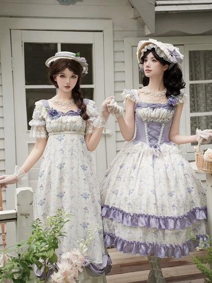 Print Floral Lolita Bodice Dress Skirt Jumper Classic Iris Corset Boned Purple