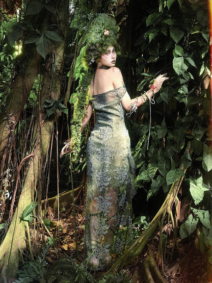 Green Cascading Fairy Forest Dress Neckline Slit Goth Off-the-shoulder Flounce
