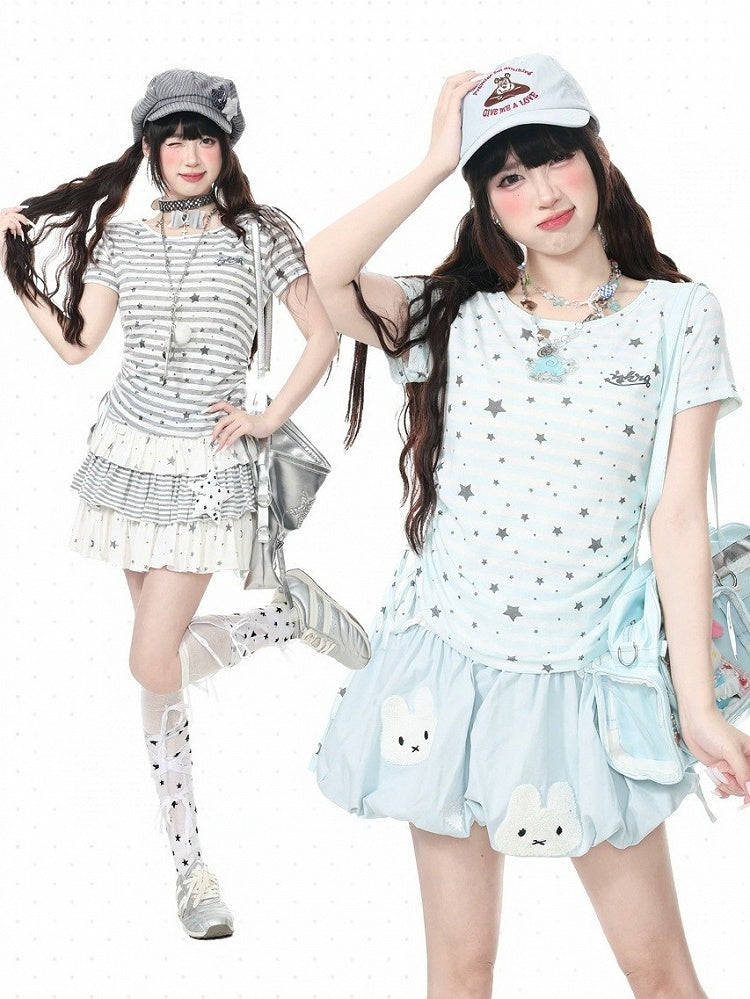 Blue Striped Star Pattern Tee with Drawstring - Languid Park