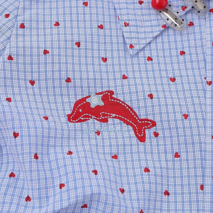 Heart Print Blue Asymmetrical Dolphin Embroidered Shirt - Languid Park