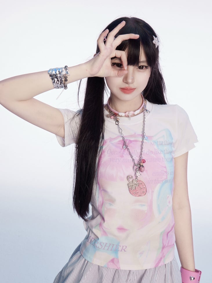 Tシャツ Y2K 漫画ガールプリント ホワイト ラウンドネック スリムフィット