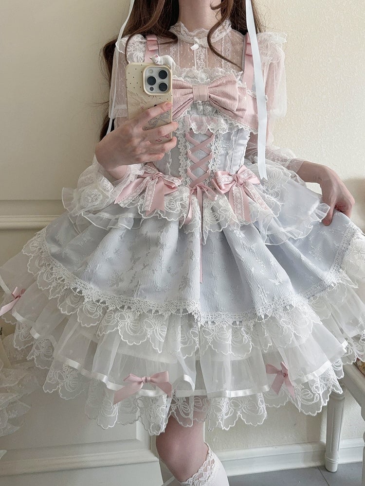 Jacquard Only Princess Dreamy Blue Train with Details JSK Ruffled Bow / Lace Dress Embossed + Lolita