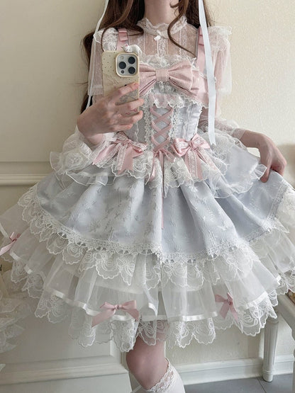 Jacquard Only Princess Dreamy Blue Train with Details JSK Ruffled Bow / Lace Dress Embossed + Lolita