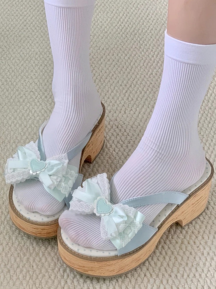 Lolita - Top Bow Slippers Satin Sole Mint Grain Wa at Platform Wood