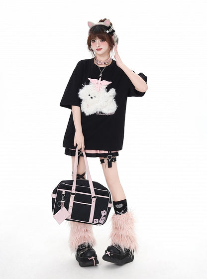 Black/Light Blue/Light Gray Plush Puppy Applique Loose T-Shirt