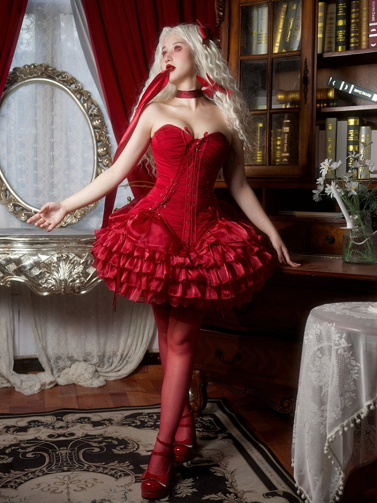 Hem Skirt Lolita Layered Drawstring Gothic Red Ruffle