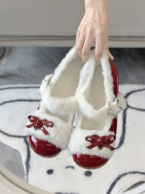 Wine Round-Toe Flat Red Snap Lolita with Star Design Sweet Shoes