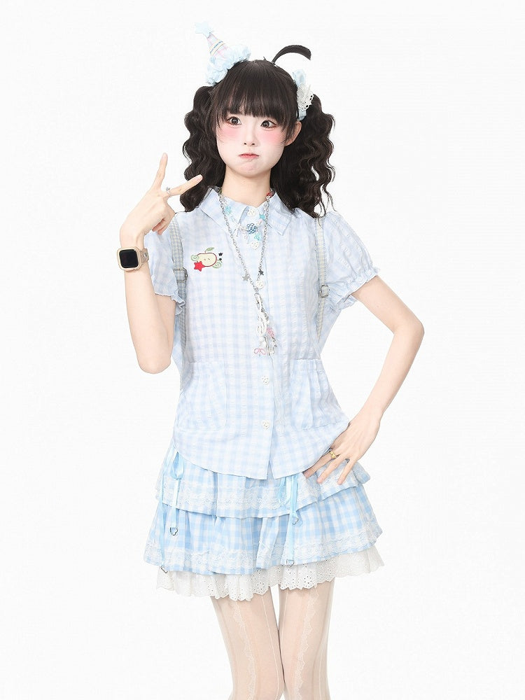 Blue Gingham Puff Sleeve Blouse with Apple Motif - Languid Park