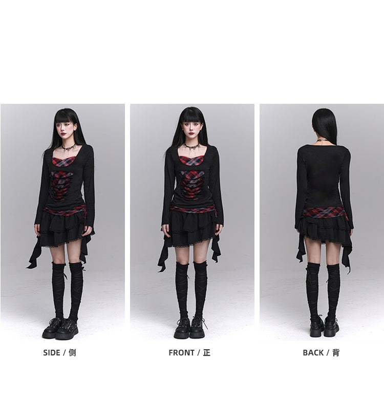 Sweetheart Neckline Distressed Holes Faux Two-pieces Red