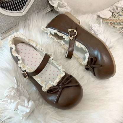 Sweet Janes Low-heel Mary Dark Closure Heart with Lace Lolita Trim Snap Brown