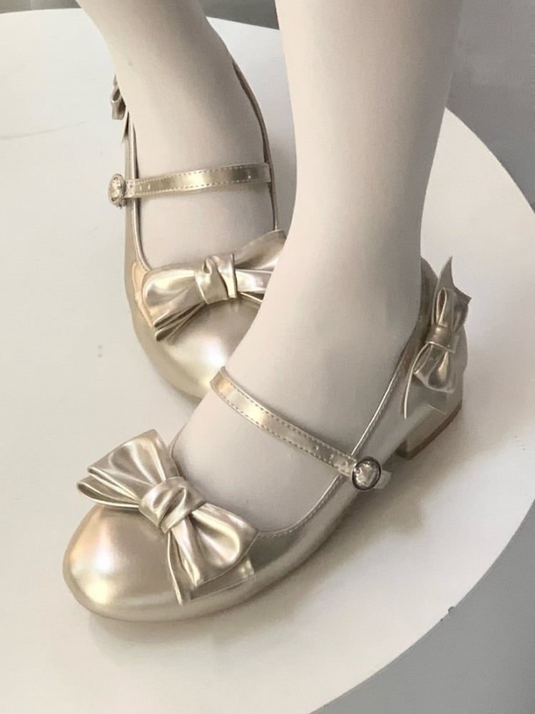 Gold Vintage Round Toe Lolita Shoes with Bow - Unmissable Berry