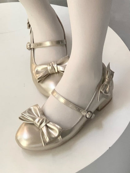 Gold Vintage Round Toe Lolita Shoes with Bow - Unmissable Berry
