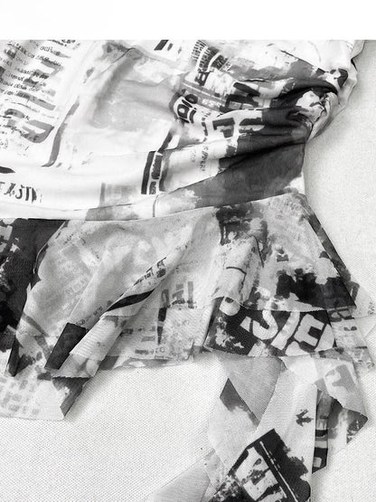 ダイタイデザイン + チェック柄キャミソールドレス トップネック アシンメトリースカートディテール ホワイト ブラックヘム ホルターネック スパイダーウェブ