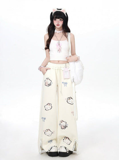 Plush Kitty Embroidery Apricot Straight Leg Pants with Slit & Lace Details - CRAZY GIRL