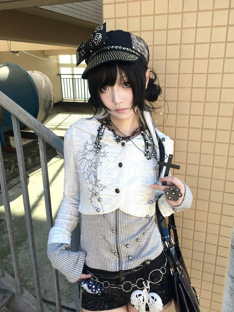 Y2K Hoodie White Two-Piece / Black Faux Knit Zip-Up