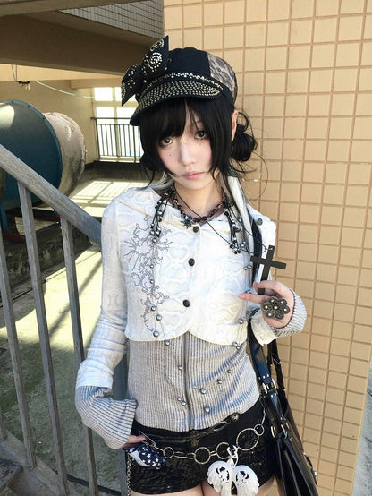 Y2K Hoodie White Two-Piece / Black Faux Knit Zip-Up