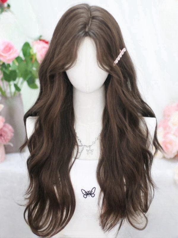 Braune, hüftlange, gewellte Perücke mit Vorhangpony, 65 cm