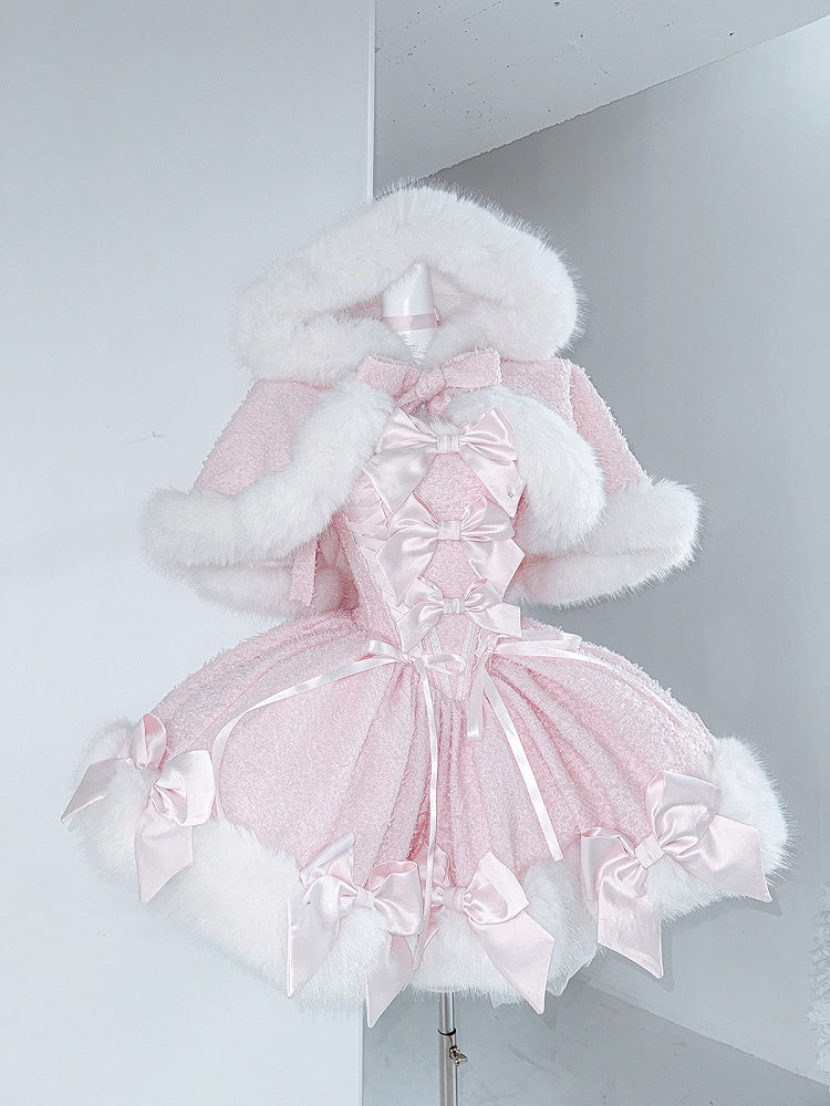 Pink Bow-Embellished Plush Neckline and Hem Boned Dress with Cape Set - POSHEPOSE