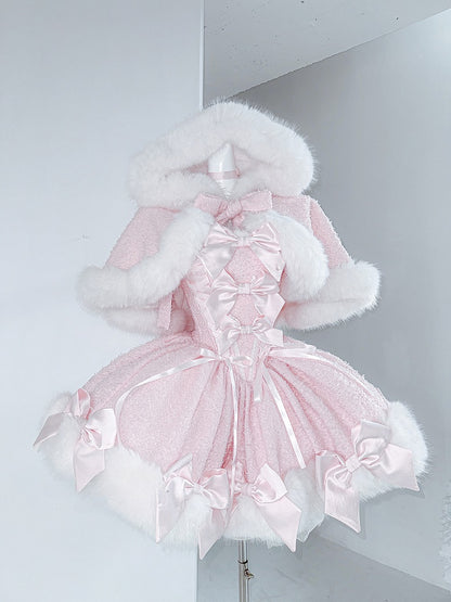 Pink Bow-Embellished Plush Neckline and Hem Boned Dress with Cape Set - POSHEPOSE