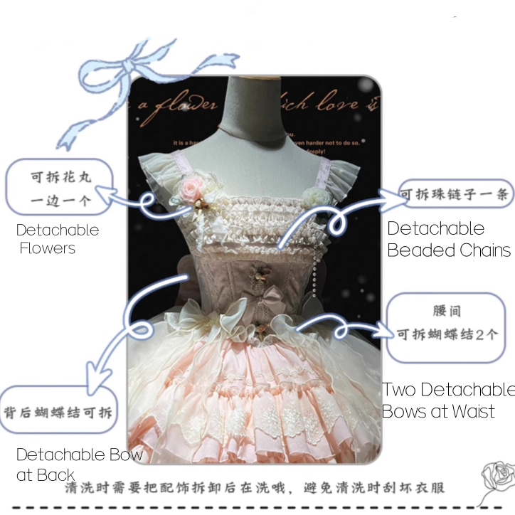 Stoff Jacquard Rock Tiered Lolita Kleid Jumper Balletcore Sweet Rosette Pink Akzente