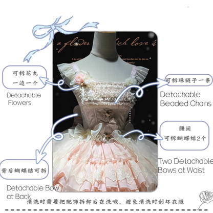 Stoff Jacquard Rock Tiered Lolita Kleid Jumper Balletcore Sweet Rosette Pink Akzente