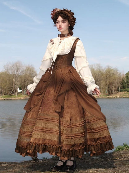 Lolita Brown Bust with Under Waist Embroidery Dress Detail Gothic Boned