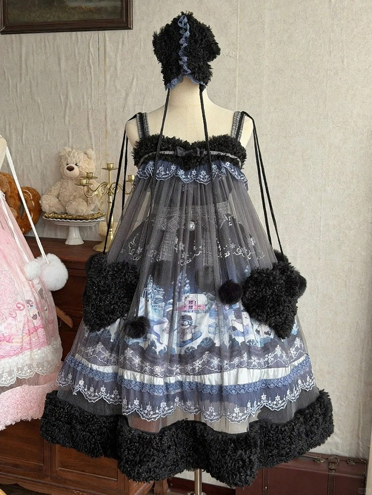 Black Lolita Jumper Dress Penguin Snowball Winter Plush Heart Pocket Theme - Lineall Cat