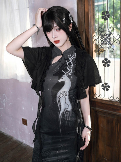 Chinese Gothic Asymmetric Chiffon Cropped Top with Ruffle Details - Quirky Hut
