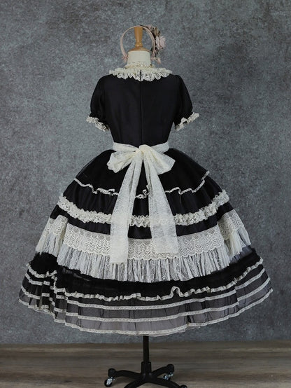 Black Square Neck Lace OP Dress with Bow - Tiny Garden
