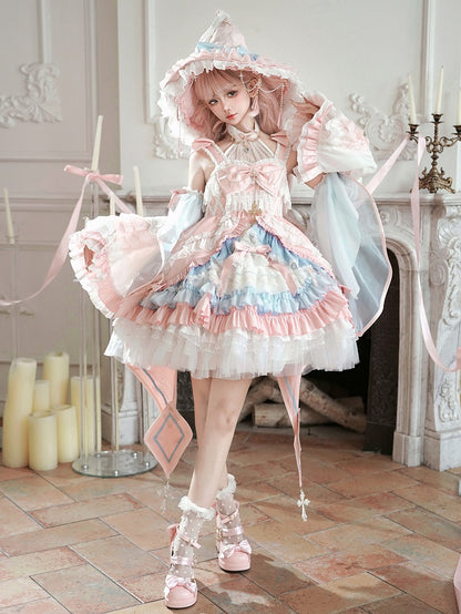 Pink and Blue High Waist Sweet Witchy Dress Lolita Jumper Skirt Full Set