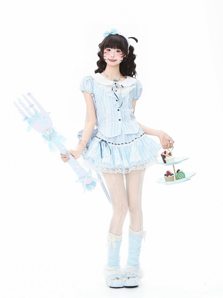 Polka Dot Attached with Striped Skirt Tiered Blue Bloomers