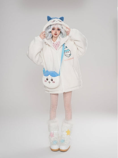 Blue Cartoon Print White Kitty Hooded Ears With Coat Fleece