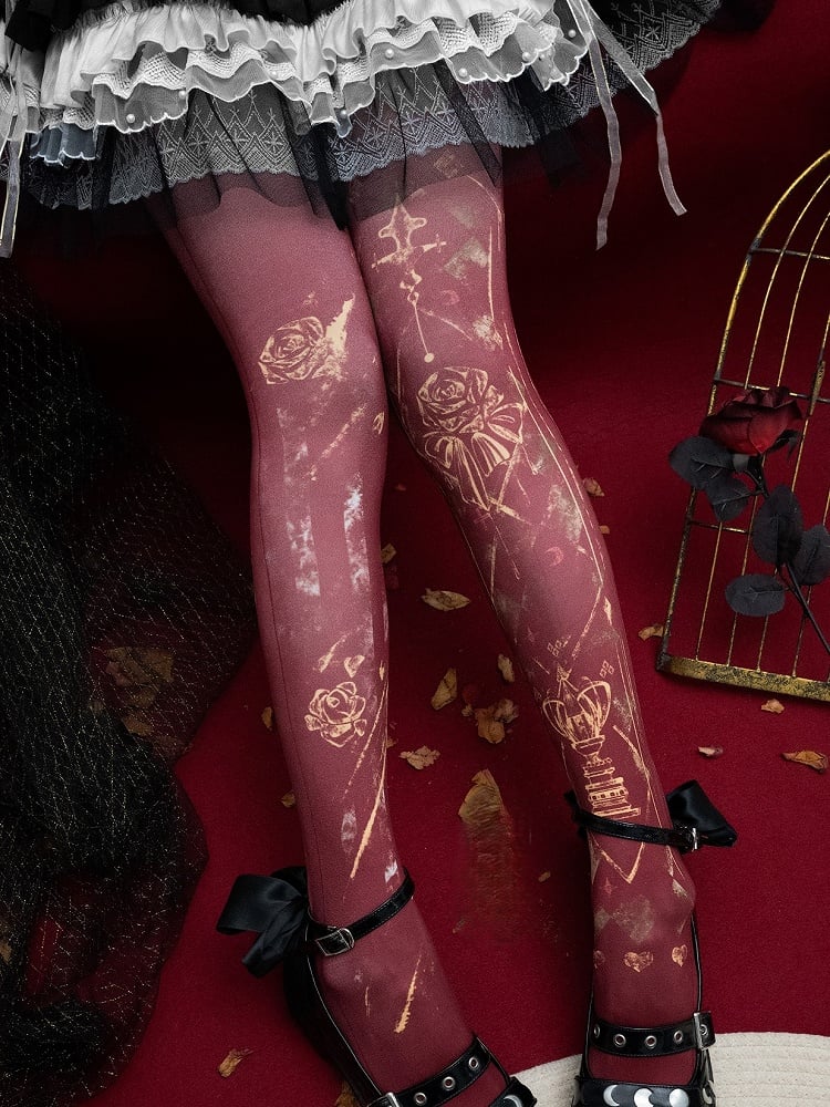 Asymmetrical Floral Design Print White/Blue/Red Tights Gothic