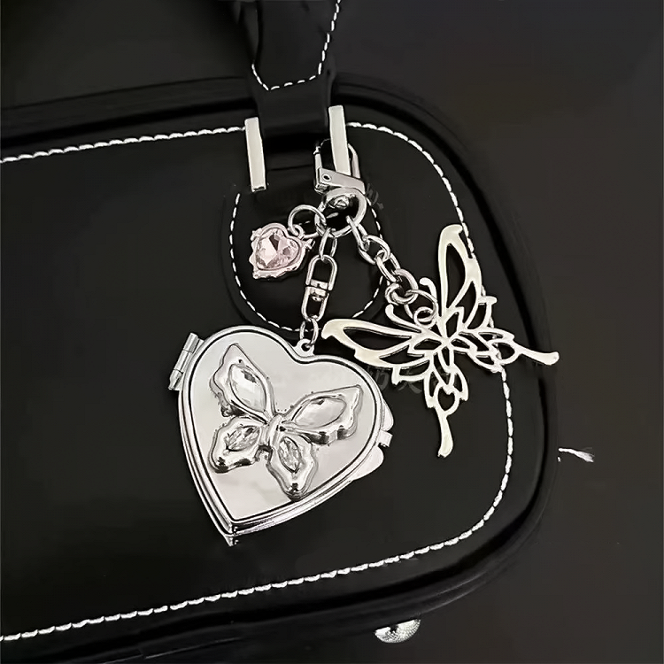 Silver Gummy Bear/Butterfly/Bow Heart-shaped Mirror Keychain